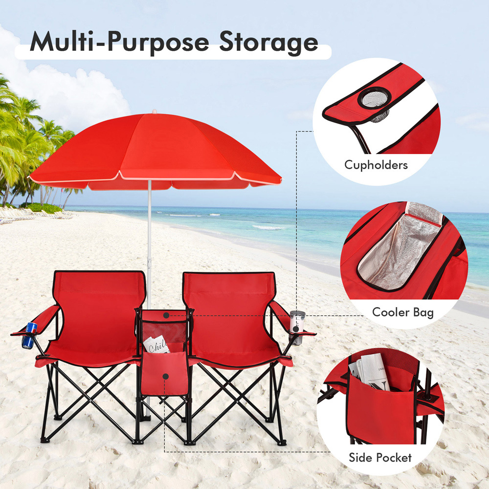 Costway Red Double Portable Camping Chair with Umbrella and Ice Bag Image 6