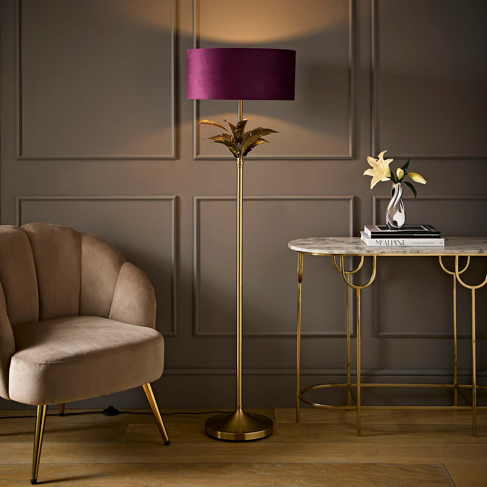 ValueLights Christina Plum Velvet Squat Shade Gold Leaves Floor Lamp with Bulb Image 6