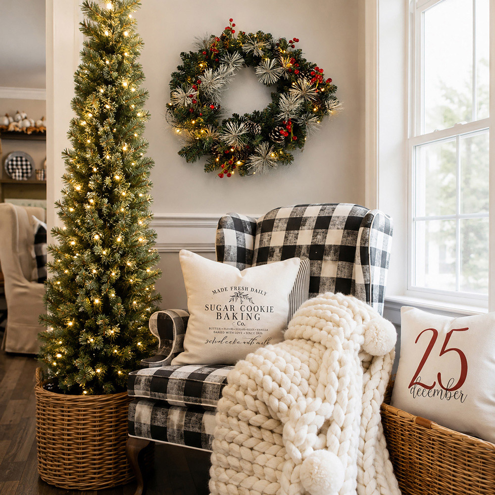 Abrihome 35 Warm White LED Artificial Cypress Christmas Wreath with 120 Tips and 10 Pinecones 50cm Image 4