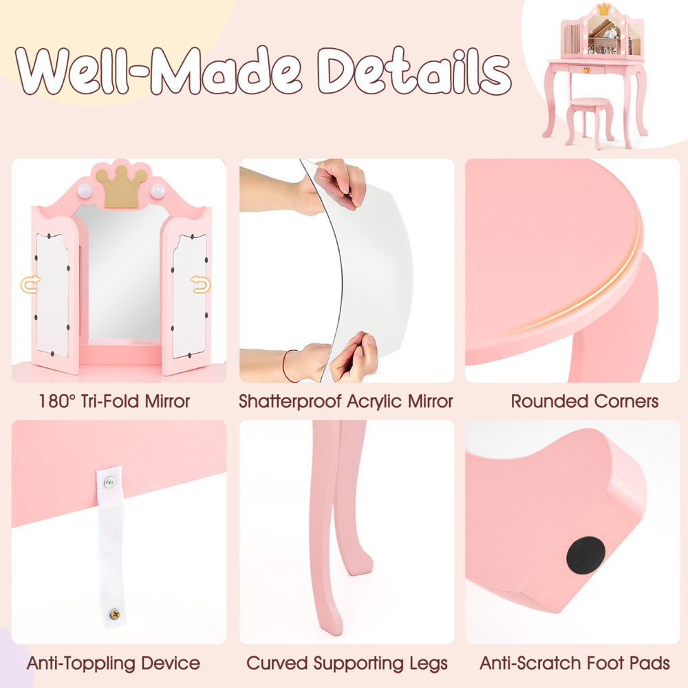 Costway Pink Kids Vanity Set with Lighted Mirror and Stool Image 5