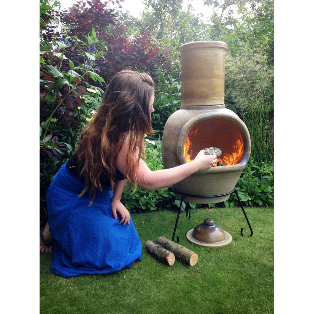Gardeco Asteria Extra Large Glazed Cappuccino Chimalin AFC Chimenea with Stand and Lid Image 6
