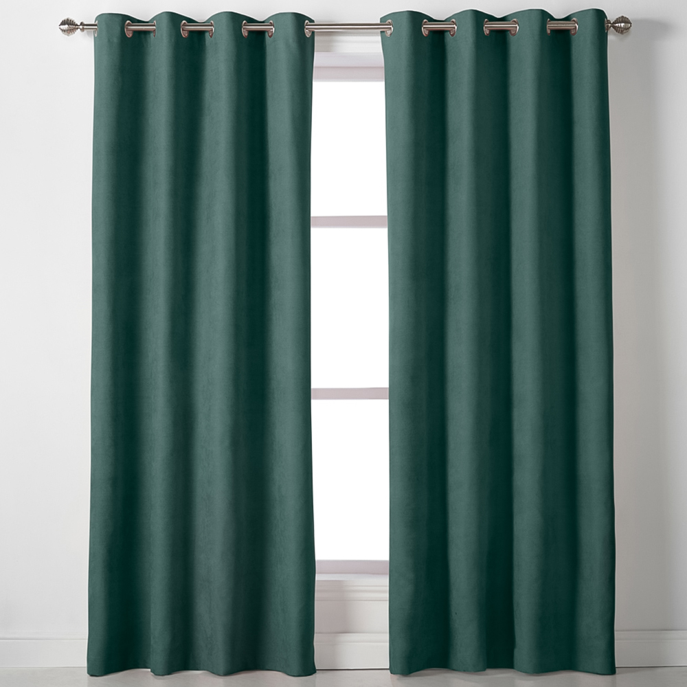 Alan Symonds Green Velvet Chenille Ring Top Eyelet Curtains 142 x 183cm Image 1