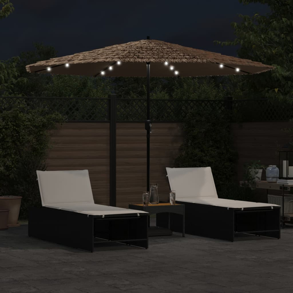 vidaXL Brown LED Light Straw Top Garden Parasol with Steel Pole 3.2m Image 2