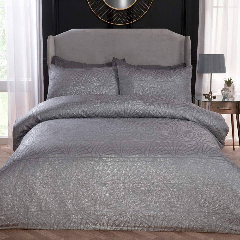 Smart Living Single Silver Lurex Jacquard Geometric Duvet Cover Set Image 1