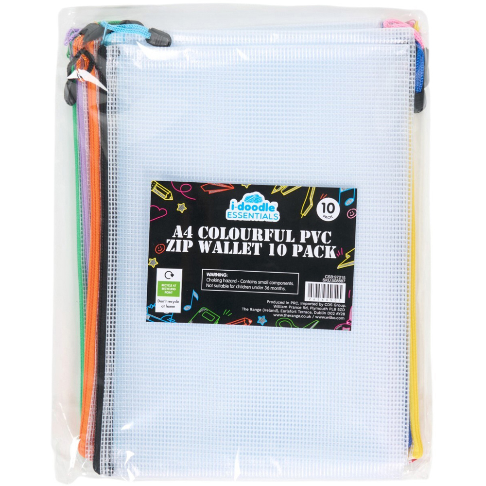 Pack of 10 A4 Colourful PVC Zip Wallets Image 1