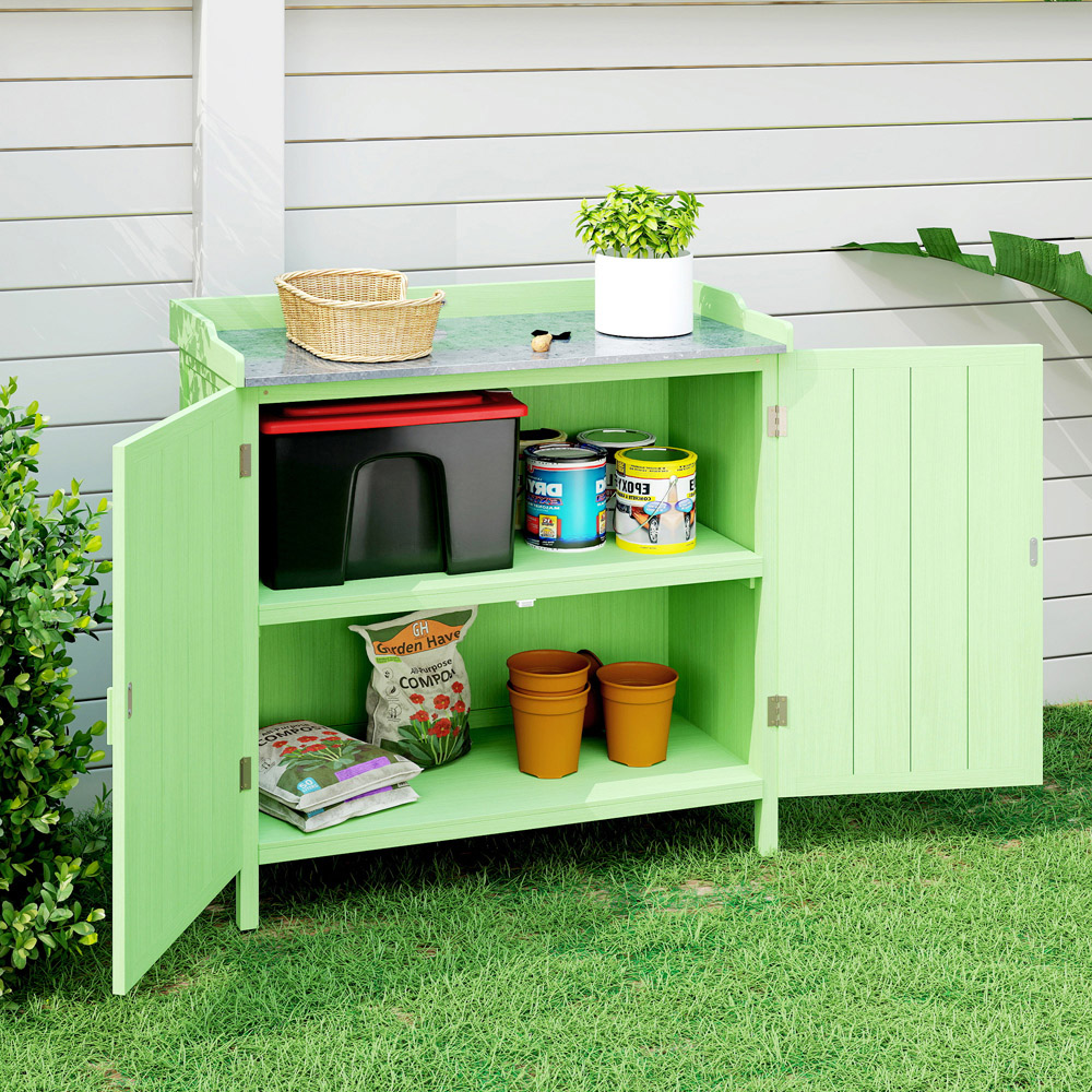 Outsunny 2 Door Green Garden Storage Cabinet with Galvanised Top Image 6