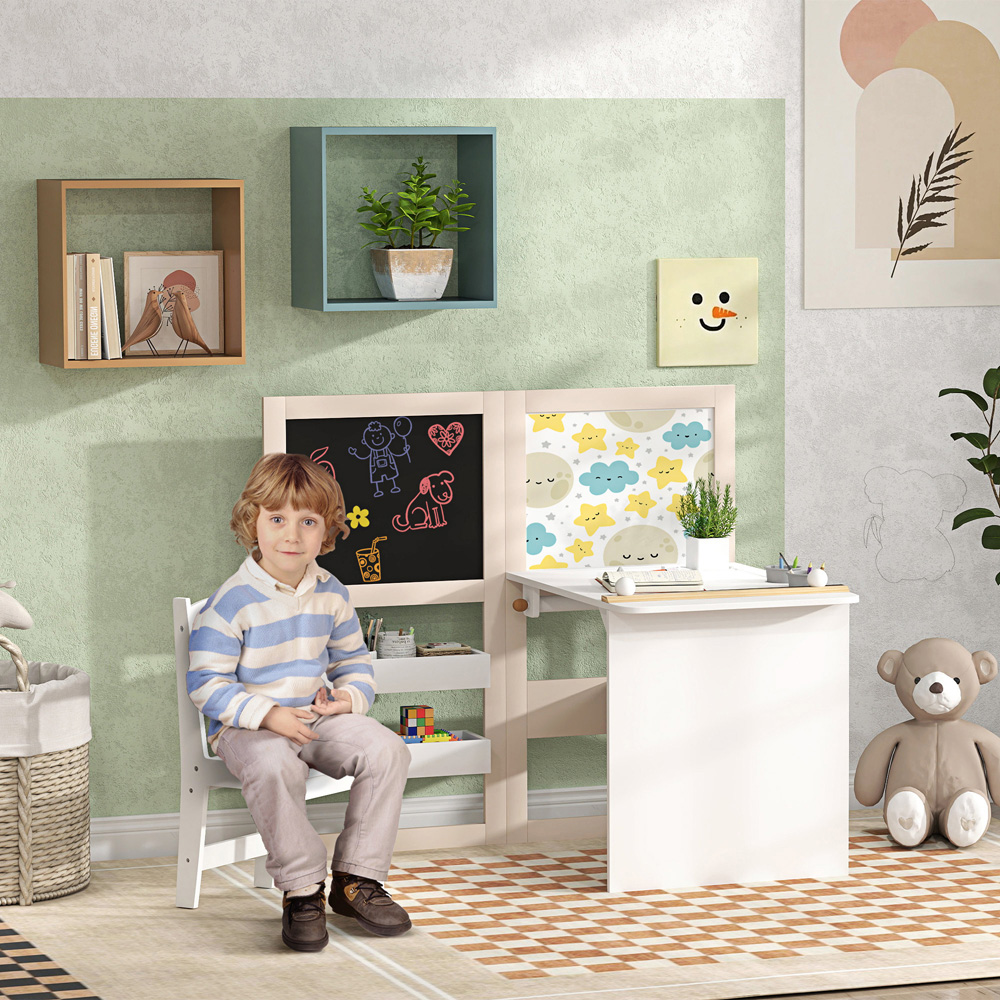 AIYAPLAY 3-in-1 White Kids Table and Chair Set with Whiteboard and Blackboard Image 3