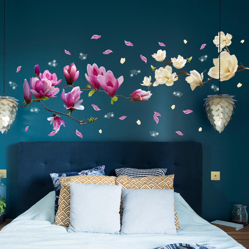 Walplus Flower Theme White and Pink Magnolias Self Adhesive Wall Stickers with Swarovski Butterflies Image 2