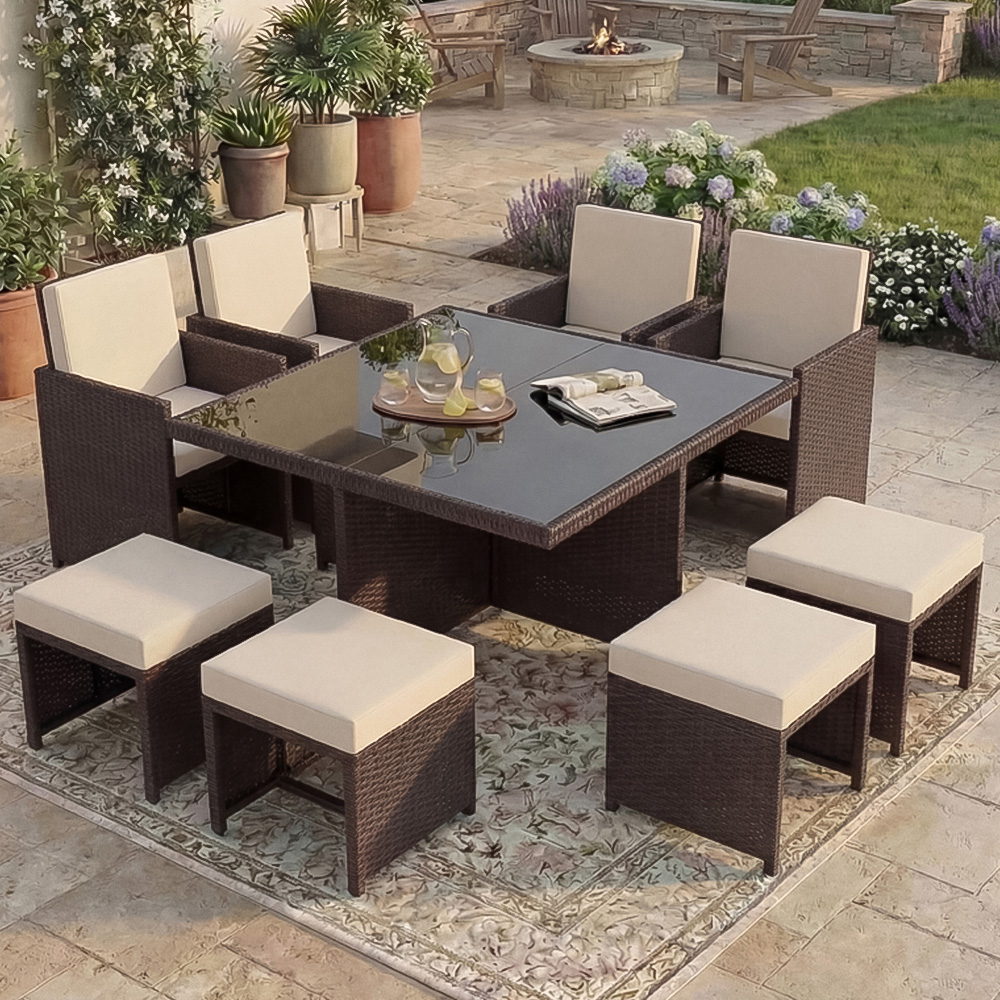 GARDEN VIDA Cuba Rattan Effect 8 Seater Garden Dining Set Brown Image 1