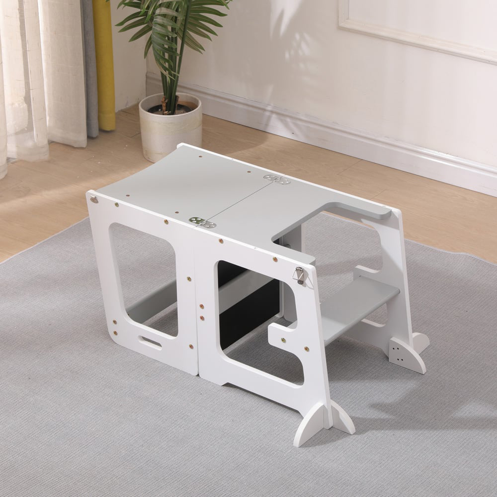 FurnitureHMD 2-in-1 White and Grey Kids Wooden Kitchen Step Stool with Blackboard and Safety Rail Image 7
