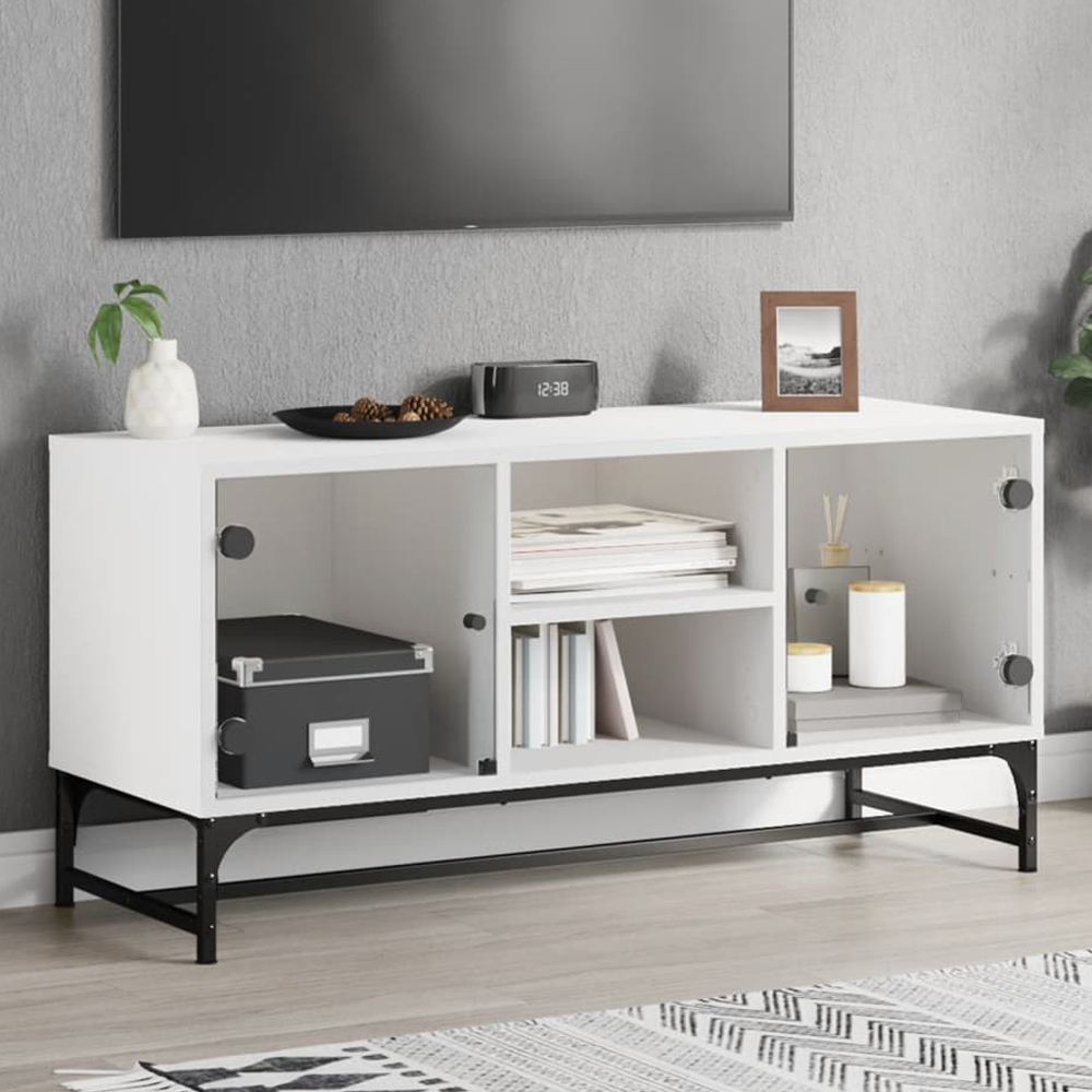vidaXL 2 Glass Door 2 Shelf White TV Cabinet Image 1