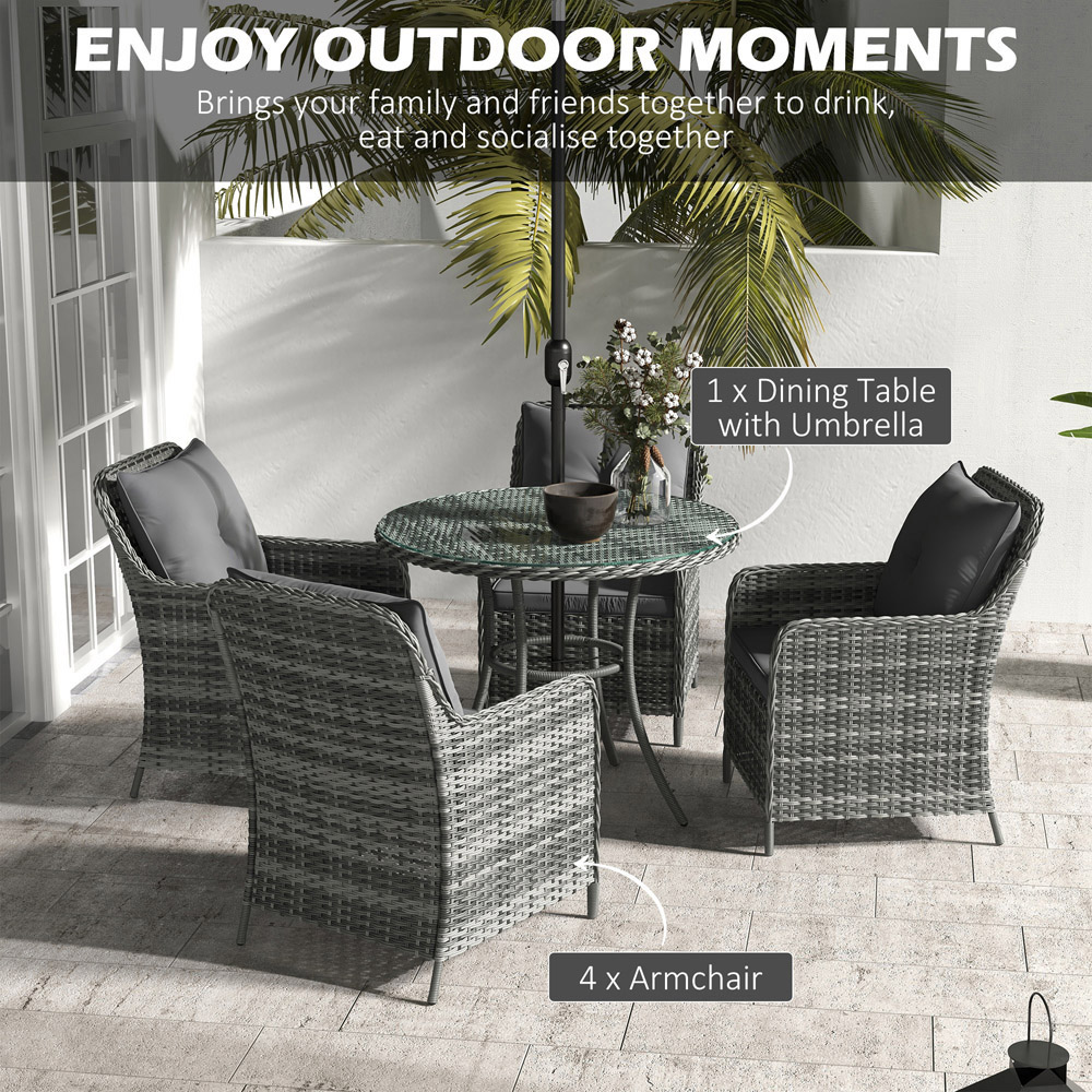 Outsunny 4 Seater Round Rattan Dining Set with Umbrella Grey Image 4