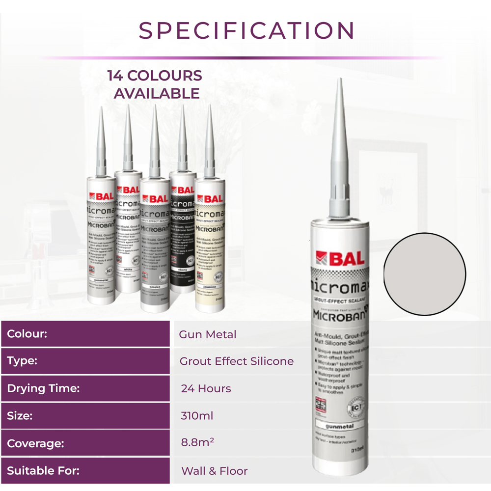 Go Bathrooms BAL Micromax3 Gunmetal Grout Effect Anti-Mould Sealant 310ml Image 4