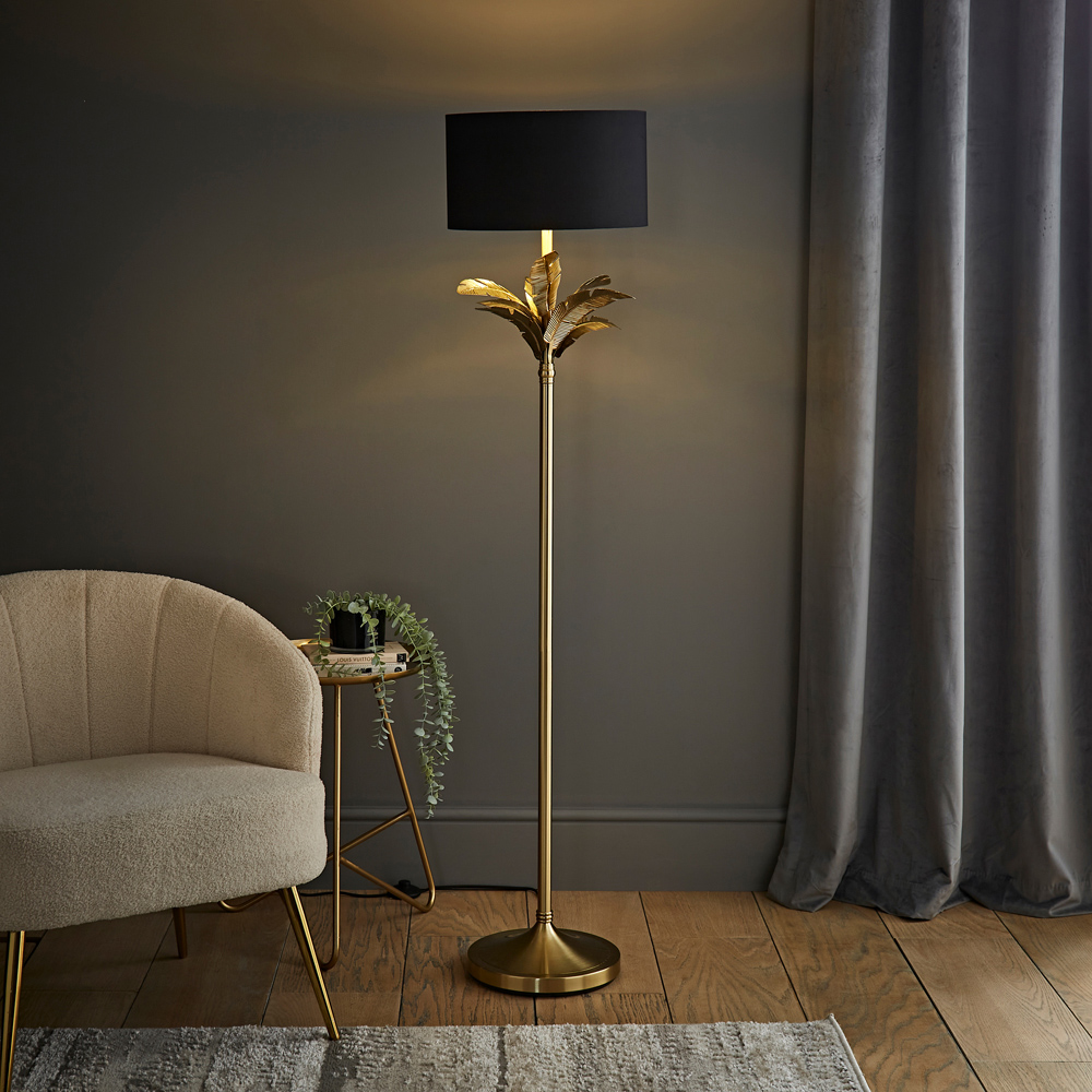 ValueLights Christina Black and Gold Drum Palm Leaf Floor Lamp and Bulb Image 2