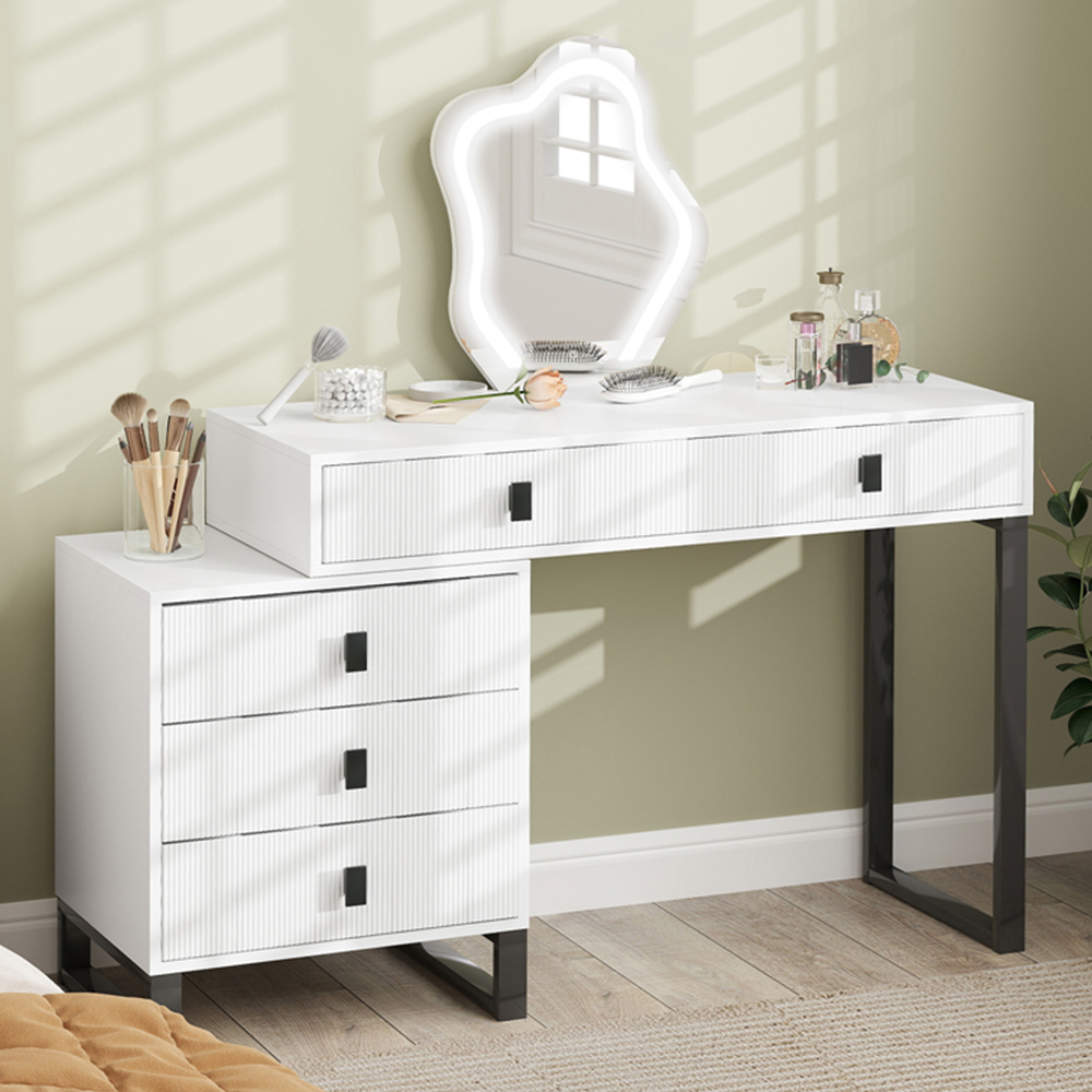 Portland 5 Drawer White Dressing Table with LED Leaf Shape Mirror Image 1