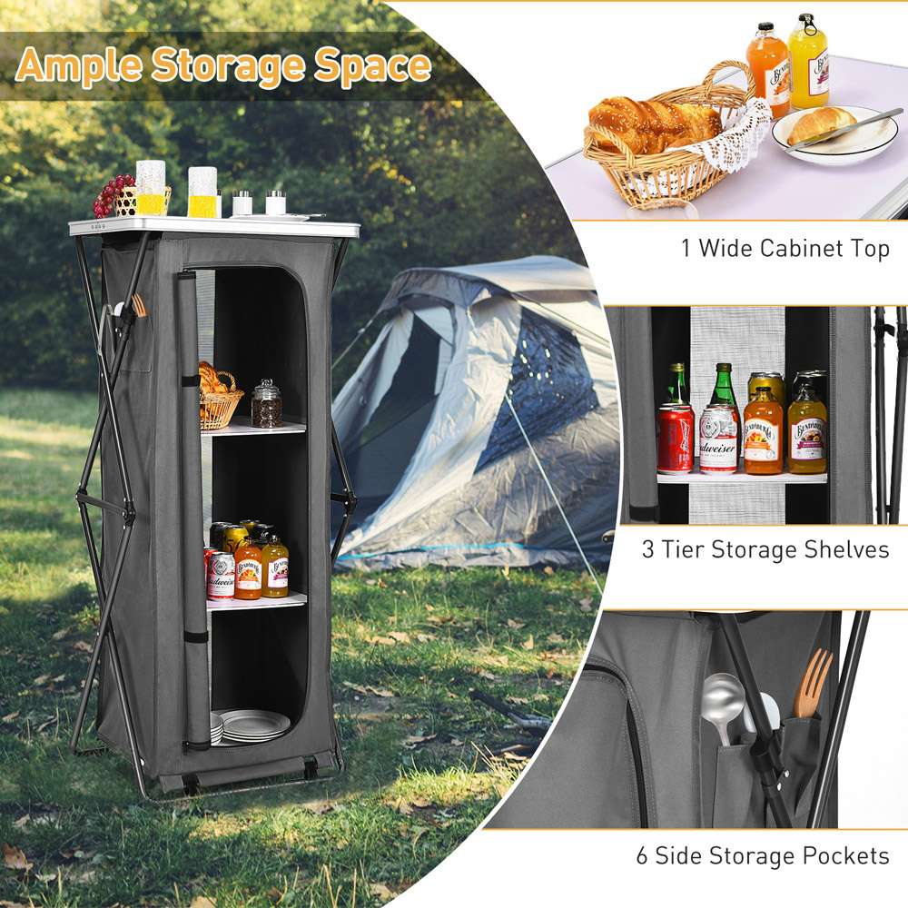 Costway 3 Shelf Grey Foldable Camping Storage Cabinet with Carry Bag Image 5