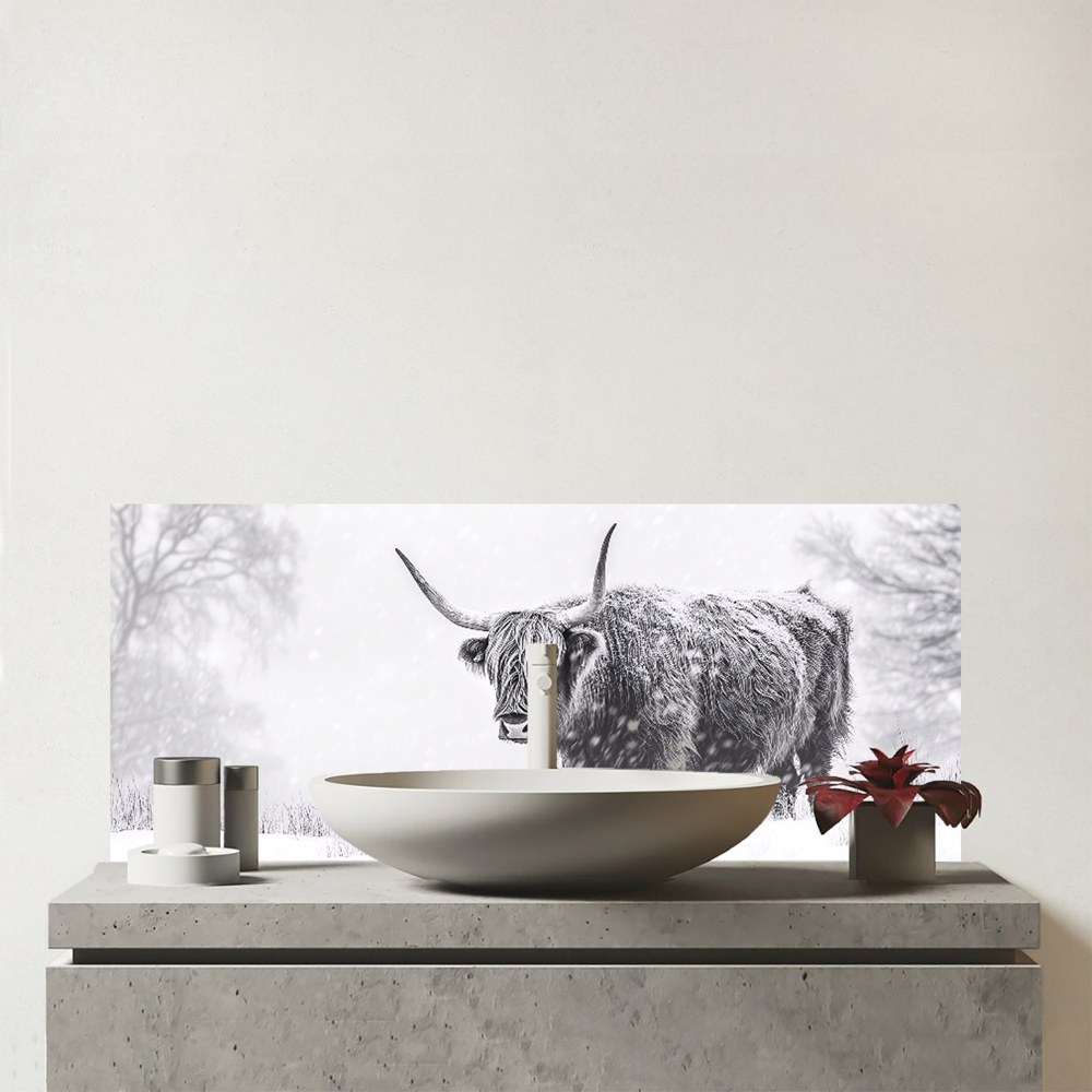 Warren Reed Designer Snowy Black and White Highland Cow Bathroom Splashback 25 x 60cm Image 1