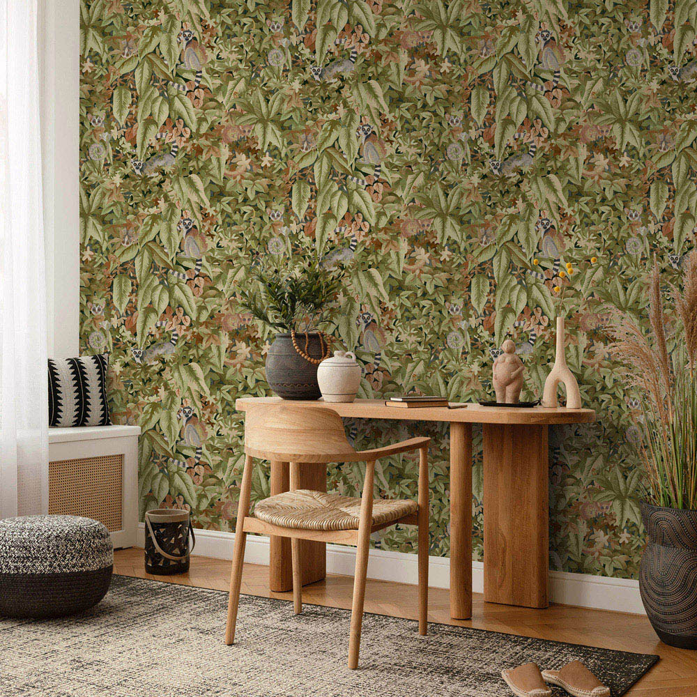 Holden Decor Lemur Leaves Rust Green Wallpaper Image 3