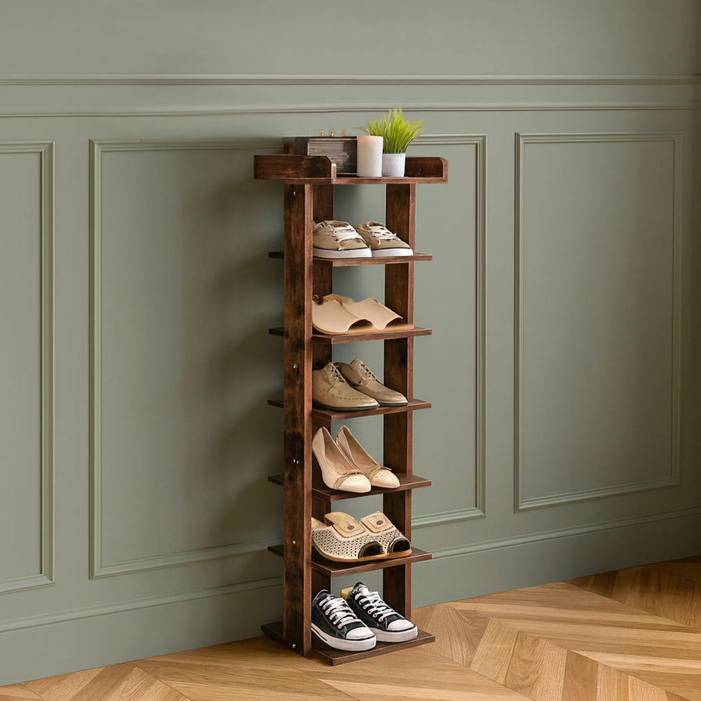 Neo 7 Shelf Walnut Wooden Slim Shoe Rack Image 3