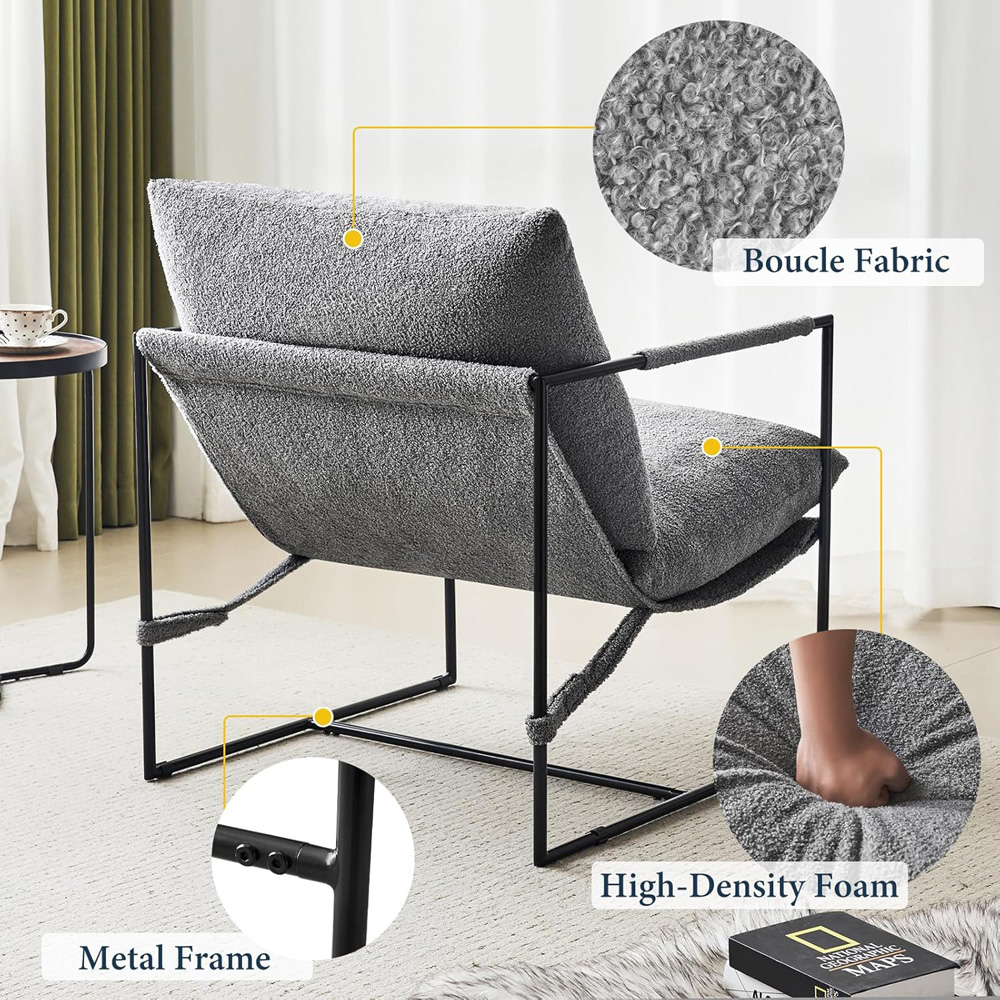 Luca Grey Boucle Upholstered Lounge Accent Chair with Metal Frame Image 7