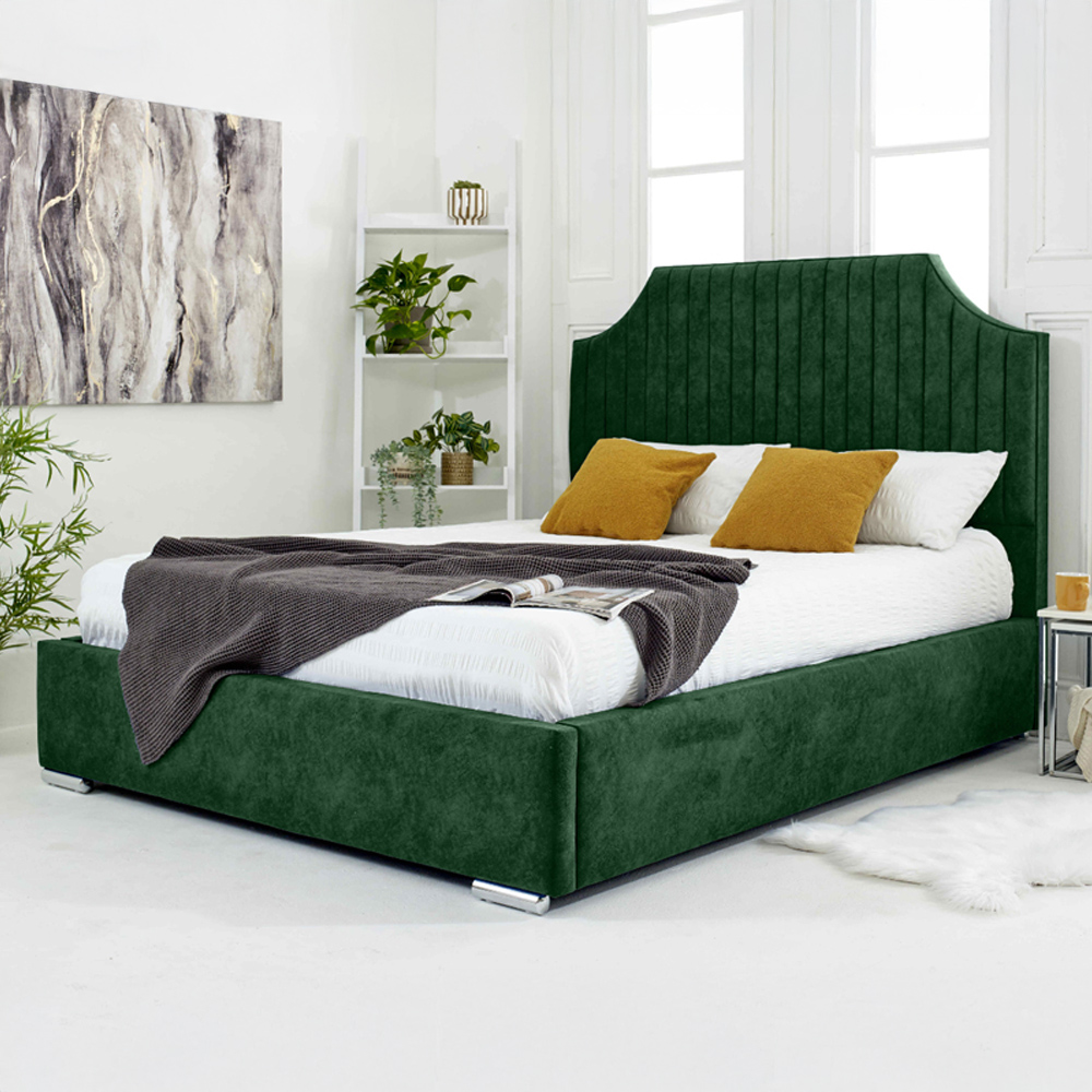 Eleganza Ascend Small Double Green Plush Velvet Bed Frame with Lined Headboard Image 1