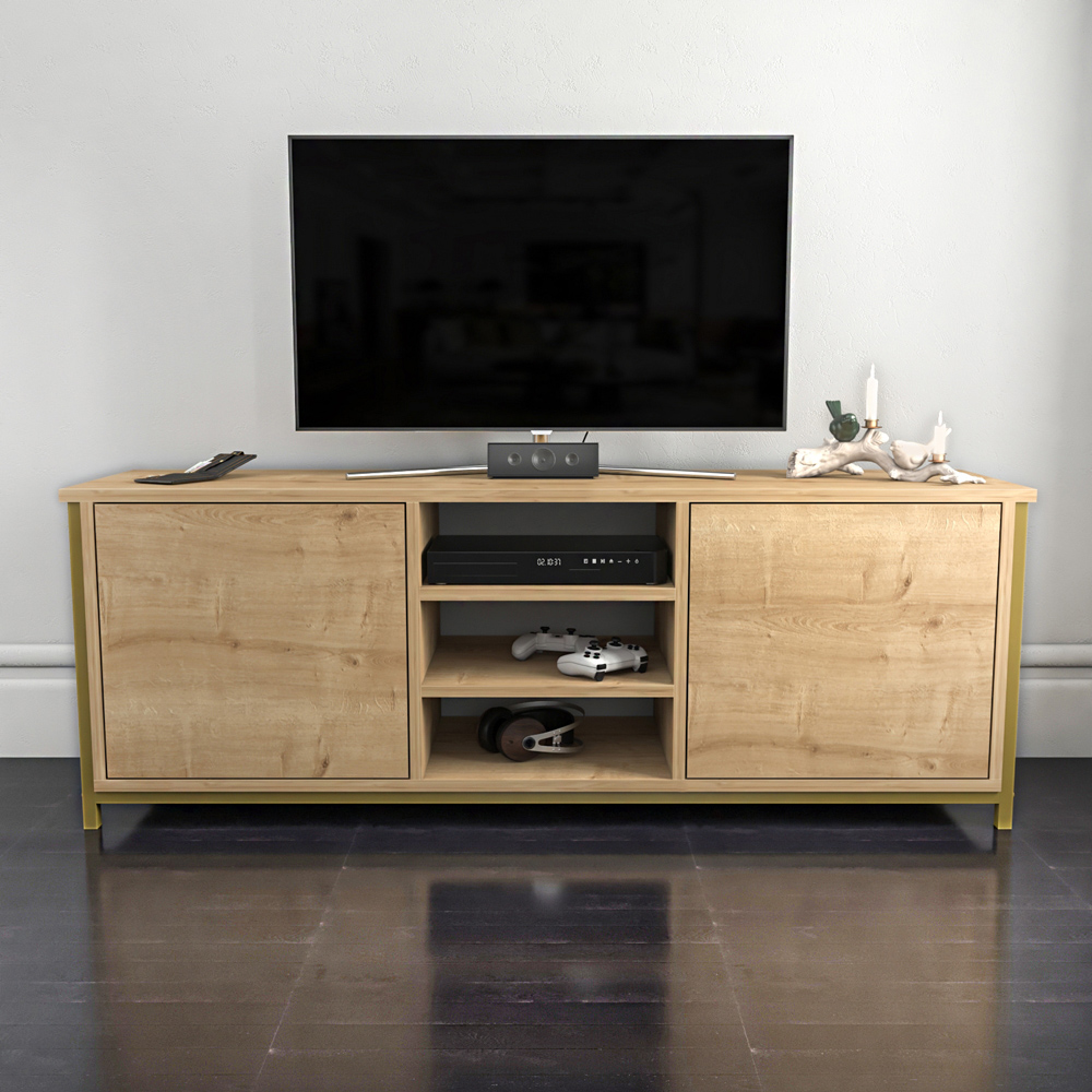 Decorotika Otis 2 Door 3 Shelf Gold and Oak TV Stand for 63 inch TV Image 4
