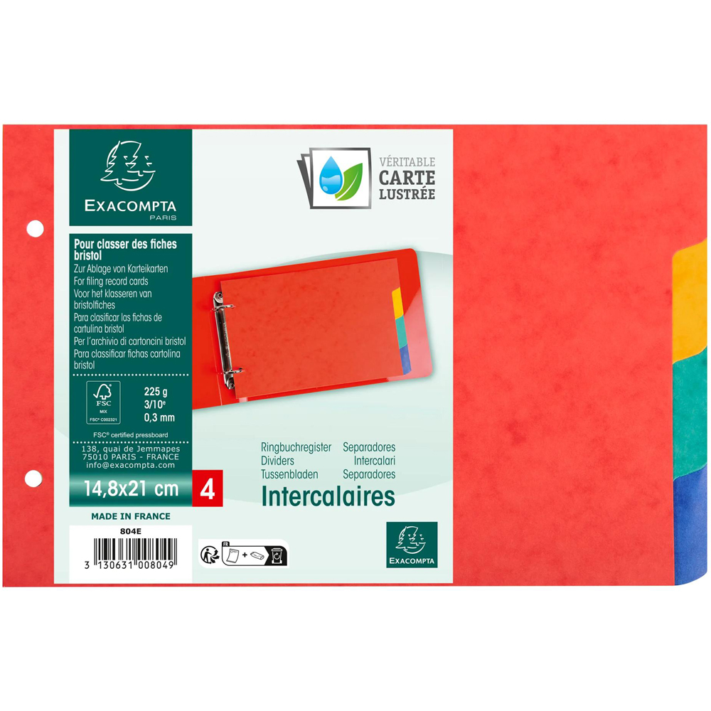 Exacompta Assorted Colour Pressboard 4 Tab Divider 14.8 x 21cm 10 Pack Image 4