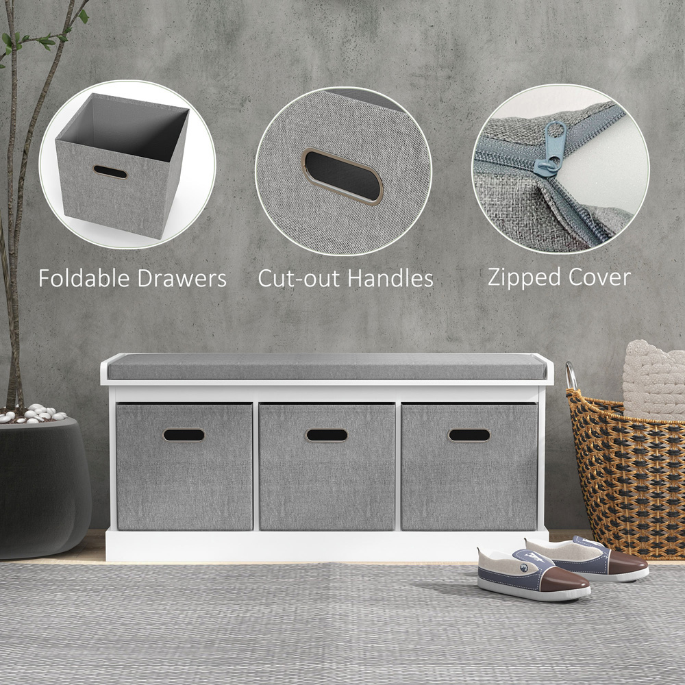 HOMCOM 3 Fabric Drawer White Shoe Storage Bench Image 6