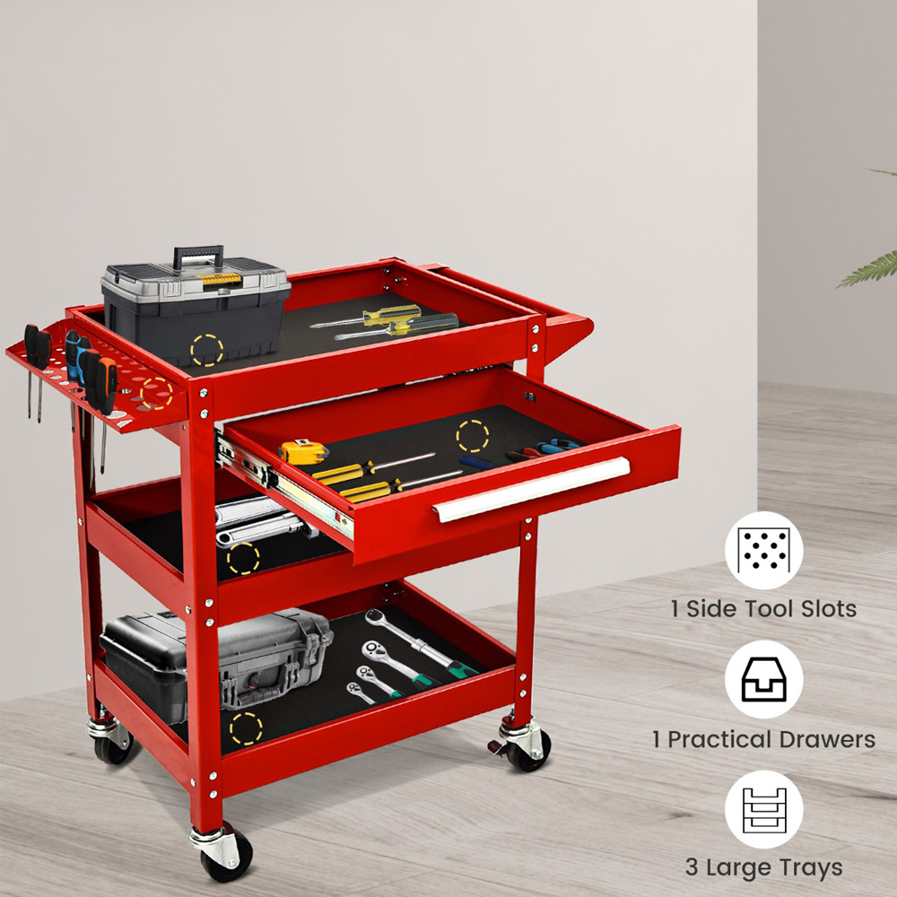 Costway 3 Shelf Single Drawer Red Tool Trolley Image 6