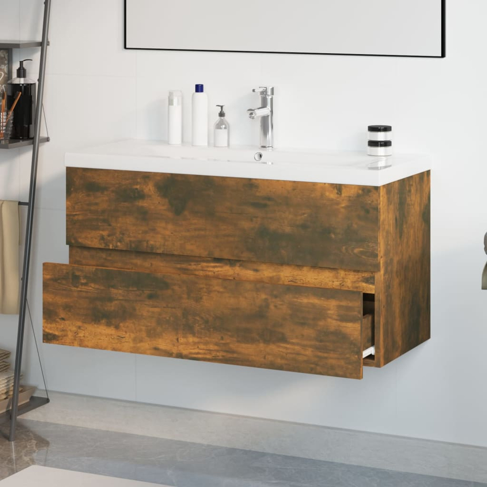 vidaXL 2 Drawer Smoked Oak Washbasin Cabinet with Built-In Sink Image 5