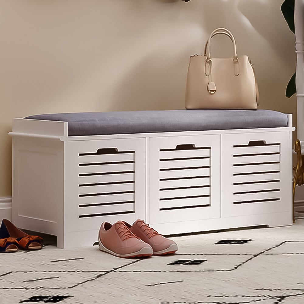 HOMCOM 3 Door White Slatted Shoe Storage Bench Image 1