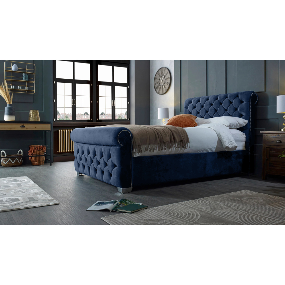 Eleganza Home Veneta Double Blue Plush Velvet Bed Frame with Chesterfield Headboard Image 5