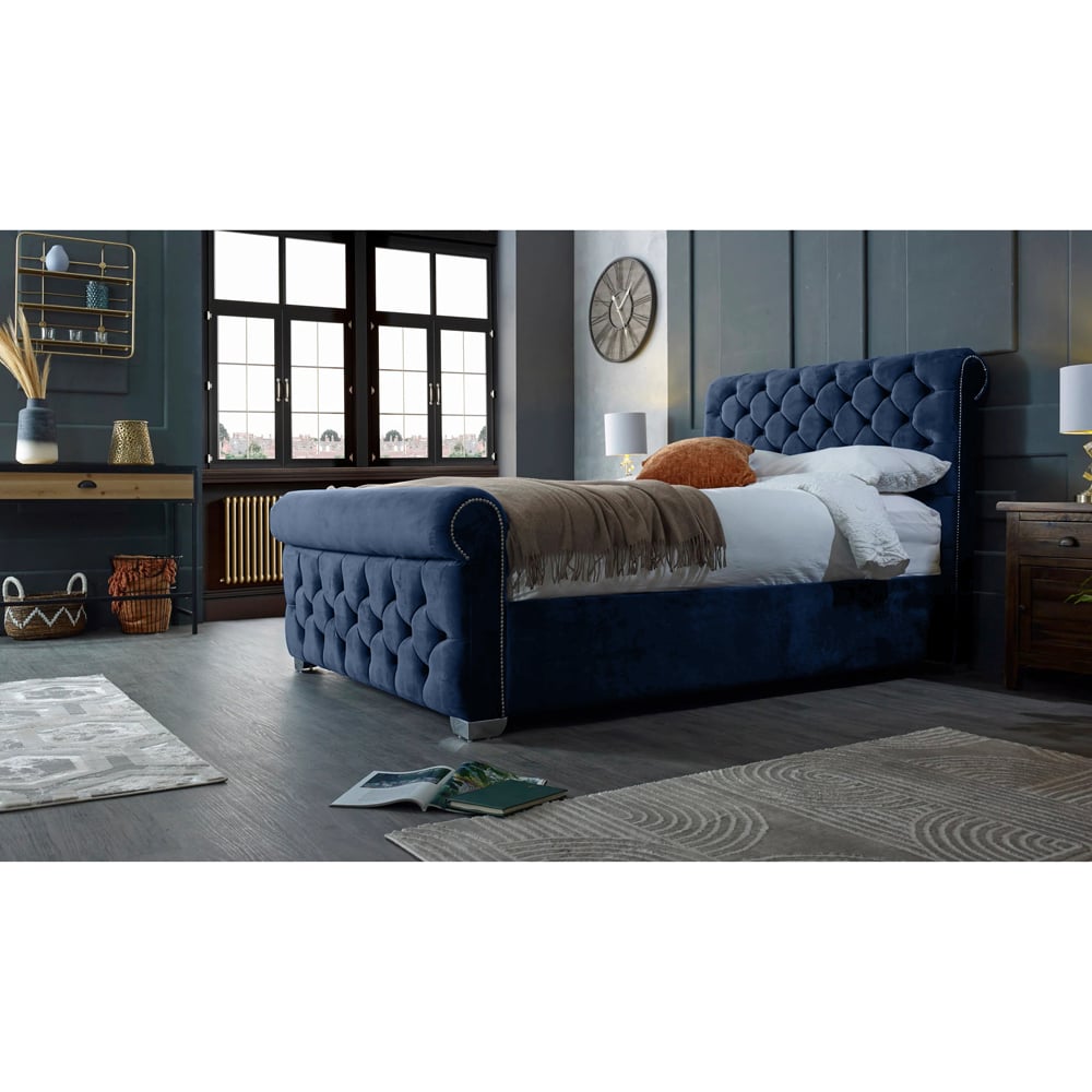 Eleganza Home Veneta King Size Blue Plush Velvet Bed Frame with Chesterfield Headboard Image 5