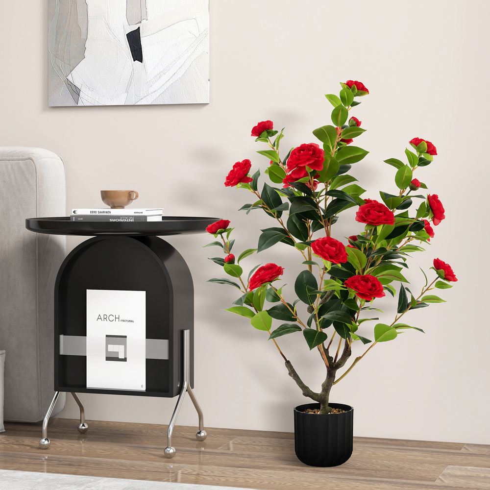 Costway Red Flowers Camellia Tree Artificial Plant In Pot 3.1ft Image 2