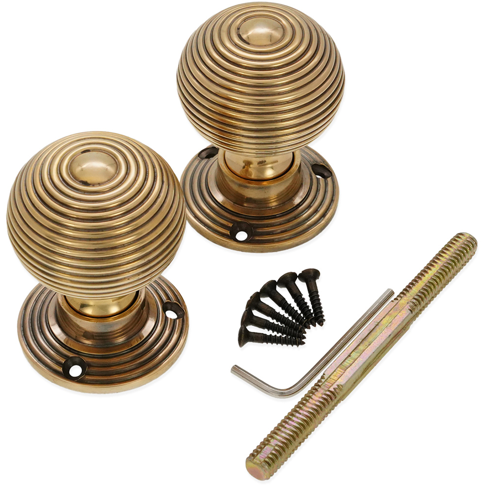 Spira Brass Aged Brass Ribbed Rim and Mortice Door Knob 2 Pack Image 4