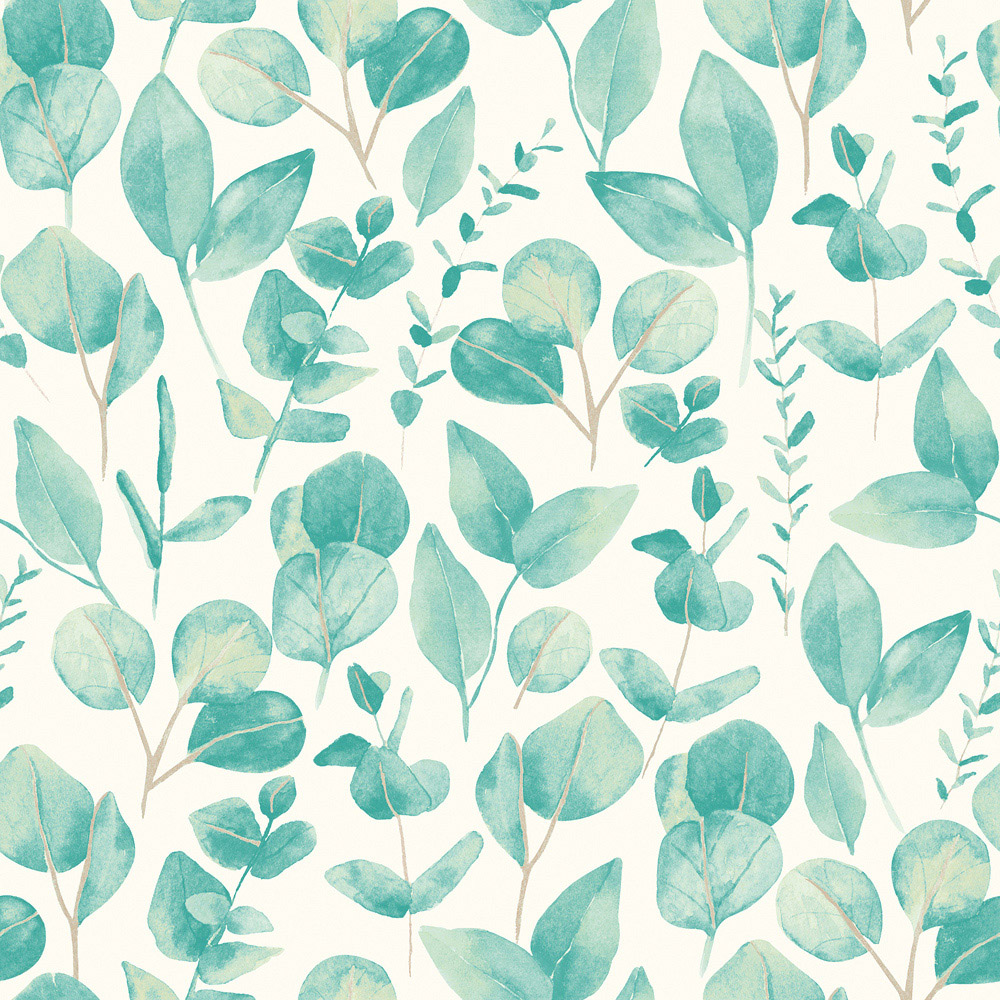 Hoopla Walls Oasis Watercolour Leaves Aqua and Chalk Wallpaper Image 1