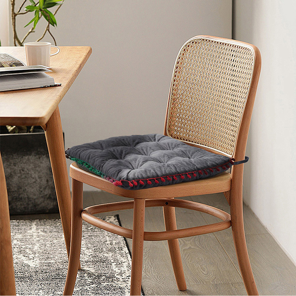 Living and Home Grey Soft Chair Cushion with Pom Pom Trim 40 x 40cm Image 7