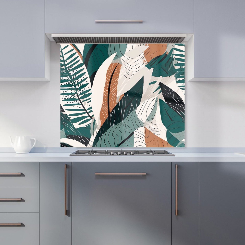 Warren Reed Designer Green and Brown Autumn Tropical Leaves Glass Kitchen Splashback 75 x 90cm Image 1