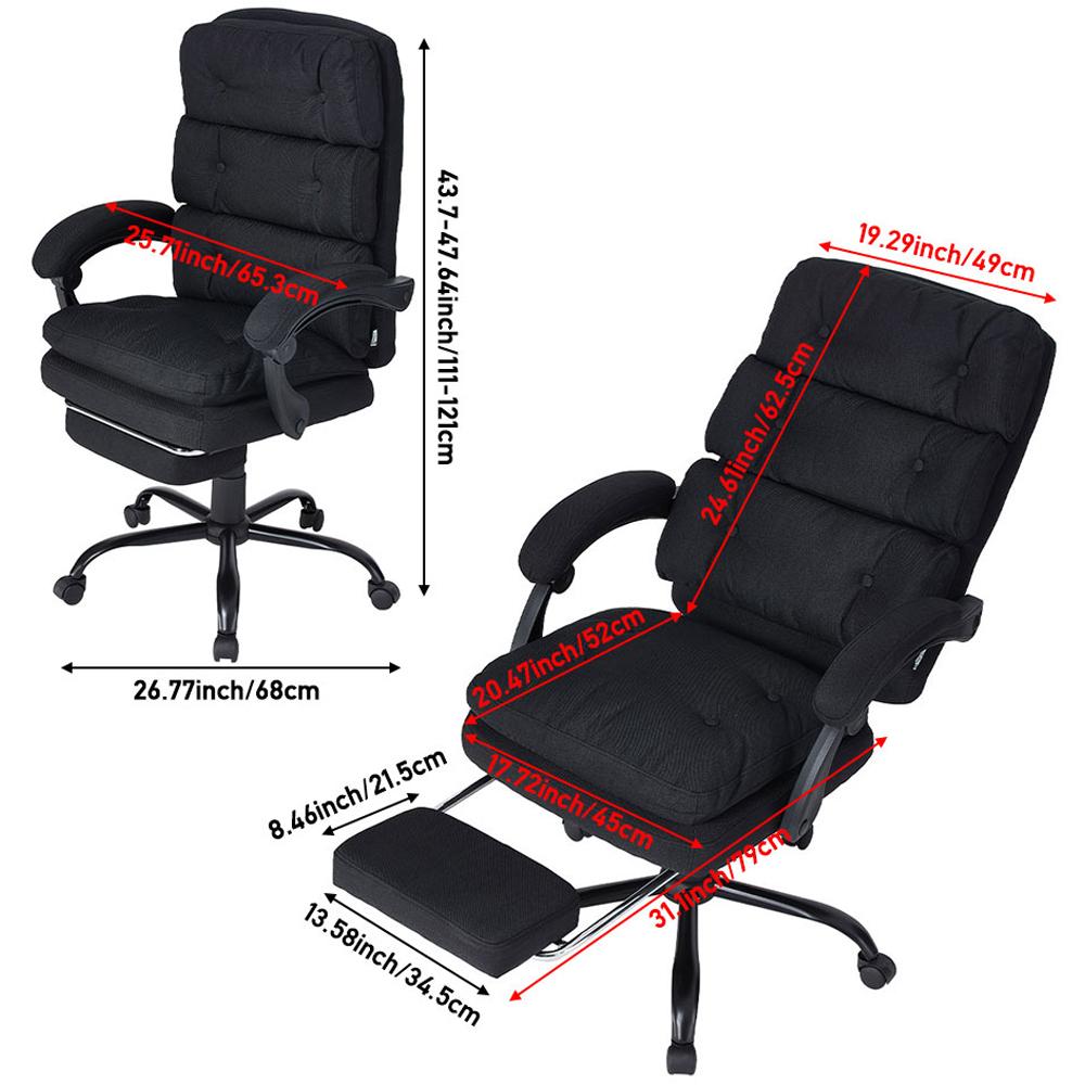 Living and Home Black Linen Ergonomic Reclining Office Chair with Footrest Image 9