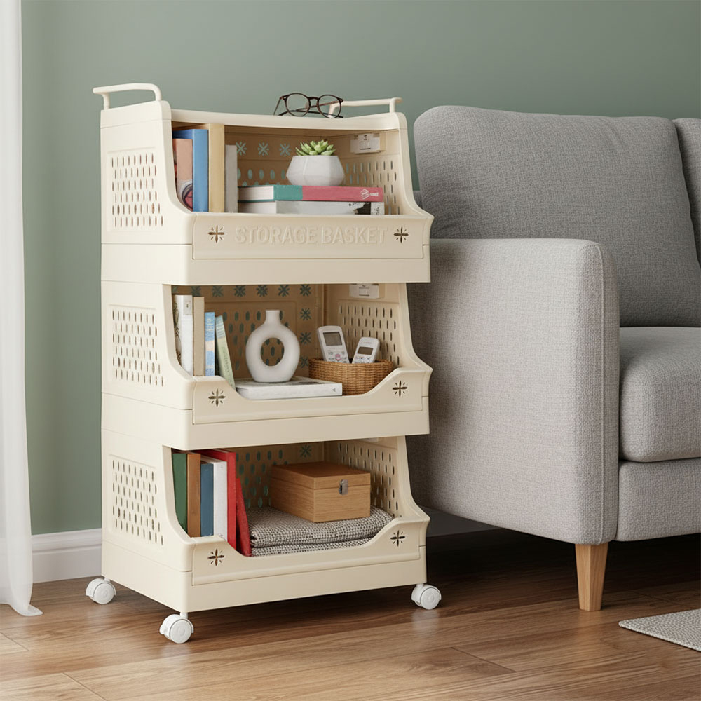 Living and Home 4-Tier Cream Foldable Plastic Storage Trolley Cart with Handles Image 2