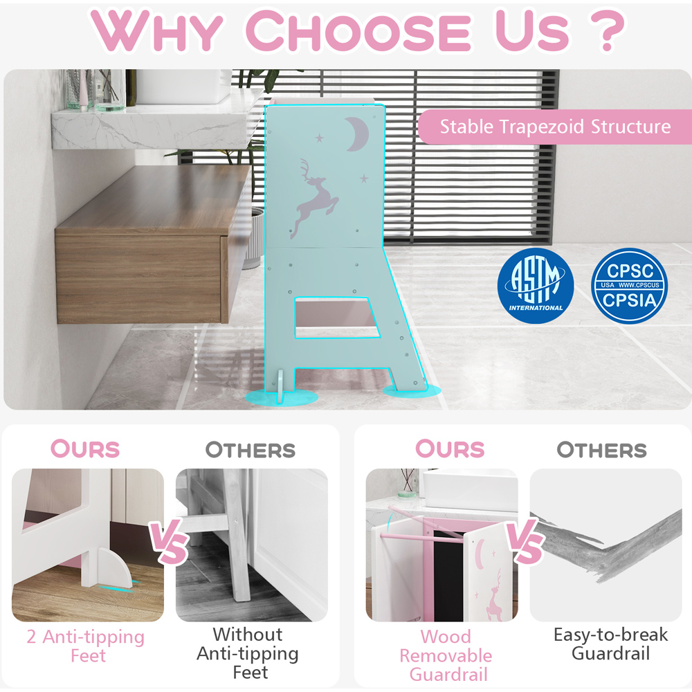 Costway Pink Toddler Kitchen Stool with Chalkboard and Whiteboard Image 3