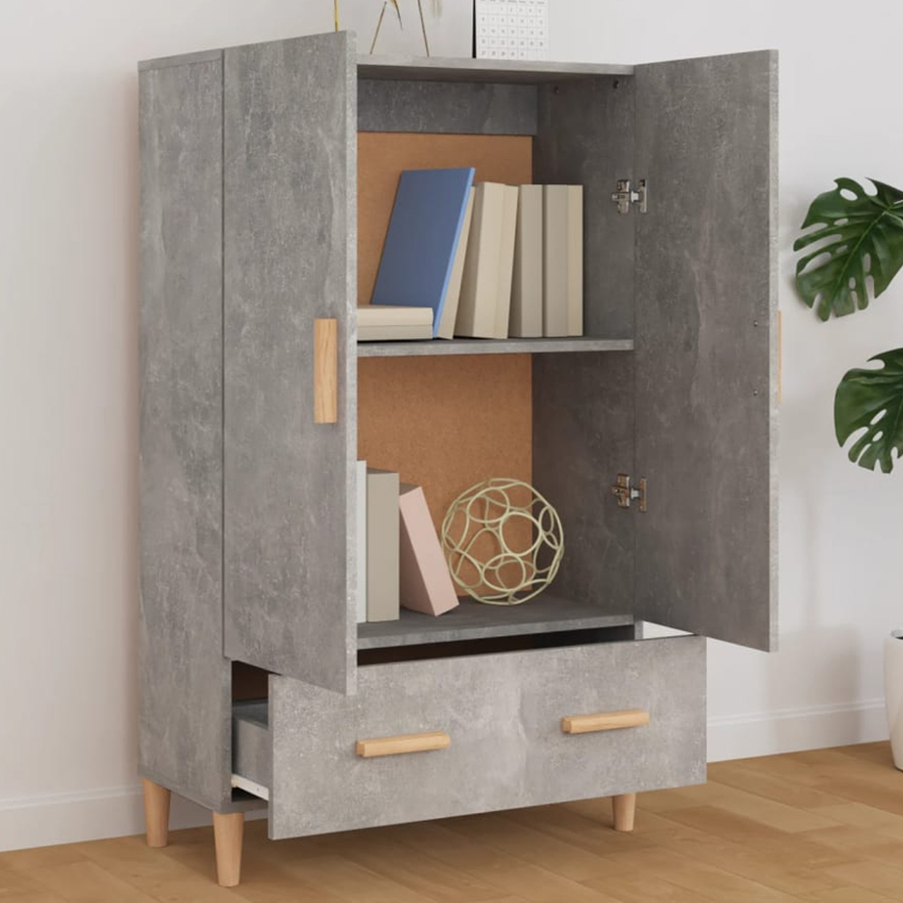 vidaXL 2 Door Single Drawer Concrete Grey Highboard with Wooden Legs Image 1