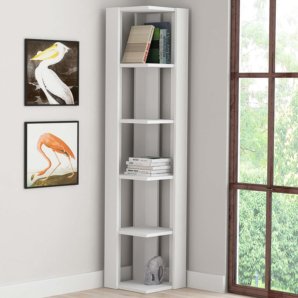 Decortie Nati 5 Shelf White Modern Corner Tall Bookcase Image 1
