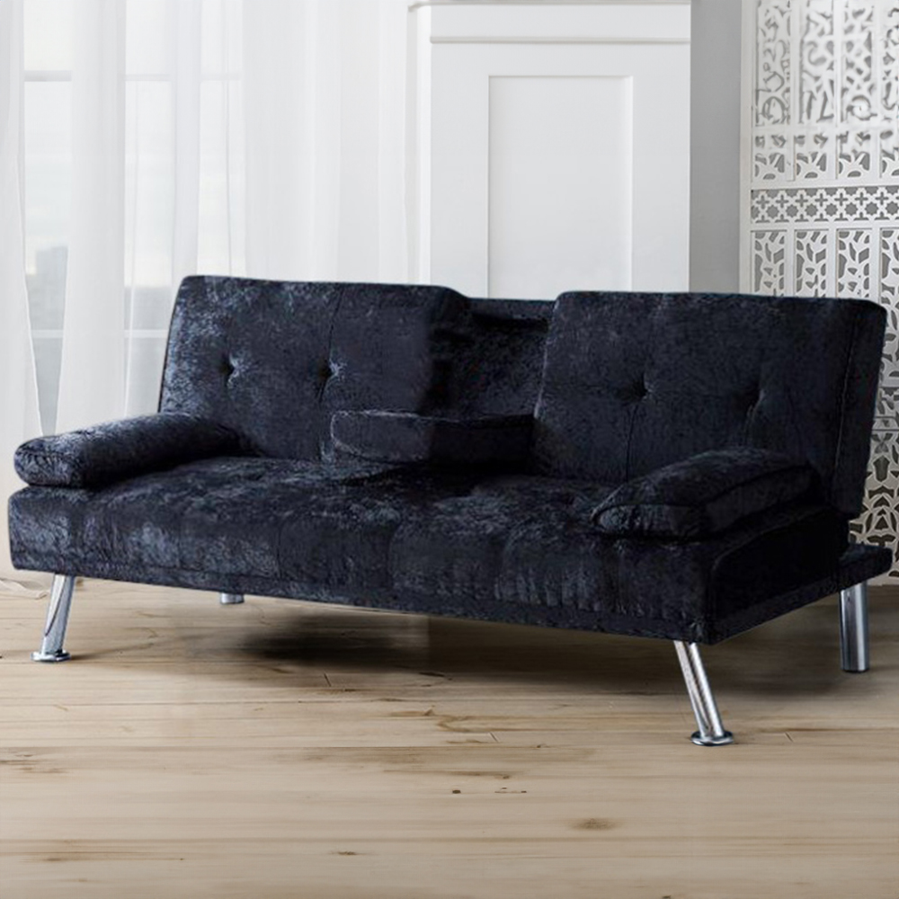 Brooklyn Double Sleeper Black Crushed Velvet Italian Sofa Bed with Cup Holder Image 1