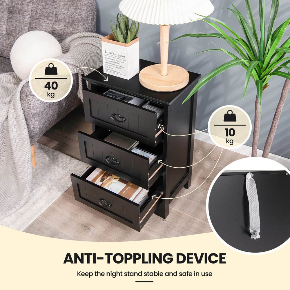 Costway 3 Drawer Black Vintage Bedside Table Image 6