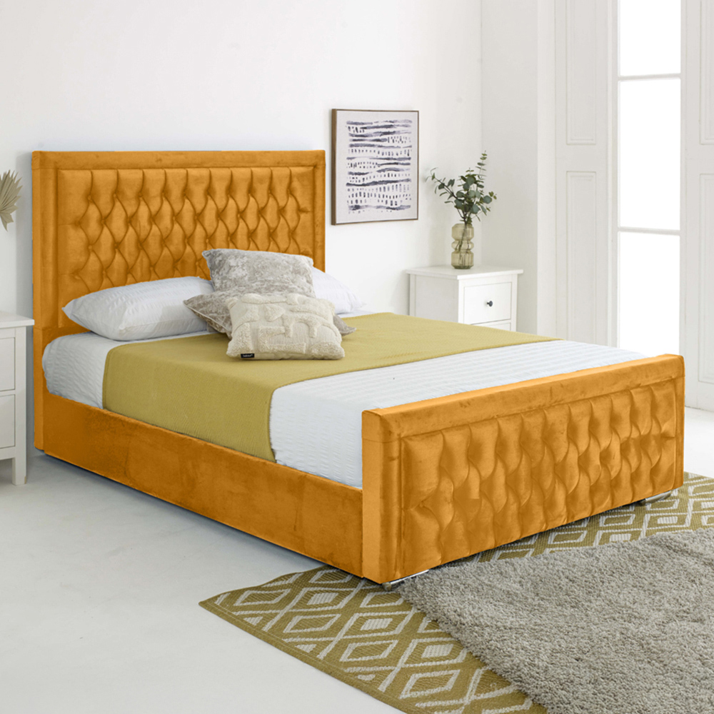 Eleganza Paloma Single Mustard Plush Velvet Bed Frame with Headboard and Footboard Image 1
