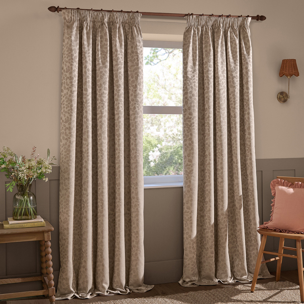 Wylder Grace Leaf Taupe Jacquard Fully Lined Pencil Pleat Curtains 117 x 137cm Image 1