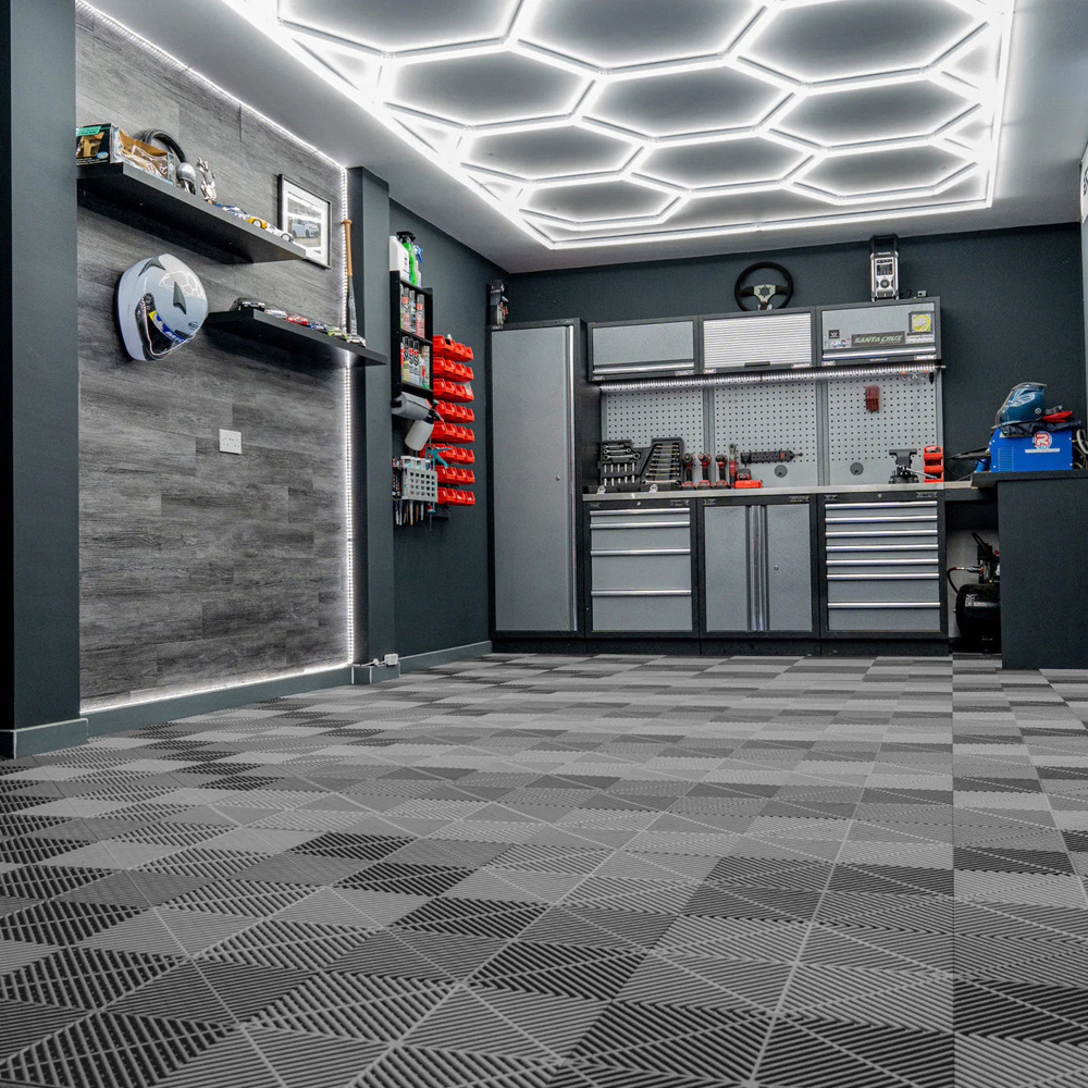 MonsterShop 120 Grey Vented Garage Floor Tiles with Edges and 14 Hexagon LED Light Image 2