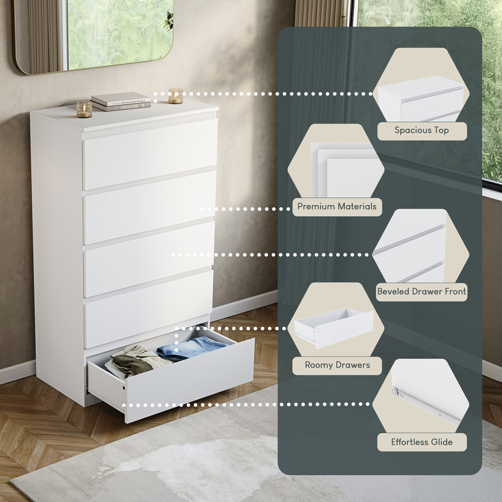 VIDA DESIGNS Denver 5 Drawer White Chest of Drawers Image 6