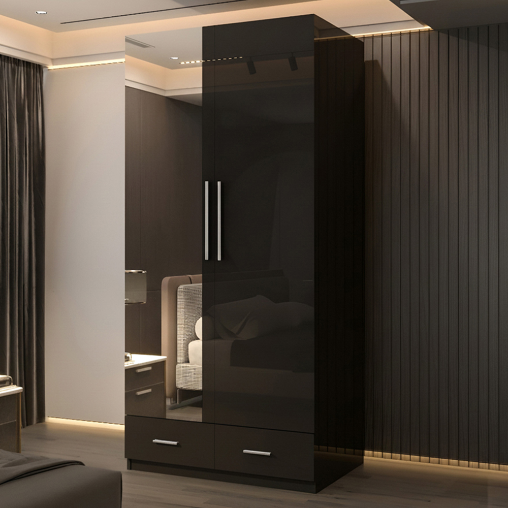 Sliding Wardrobes 4U 2 Door 2 Drawer Black High Gloss Hinge Door Wardrobe 90cm Image 1